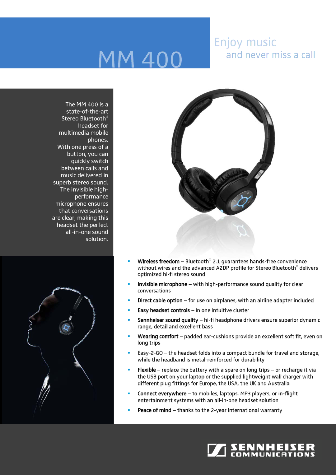 Sennheiser MM400 warranty Enjoy music, Never miss a call 