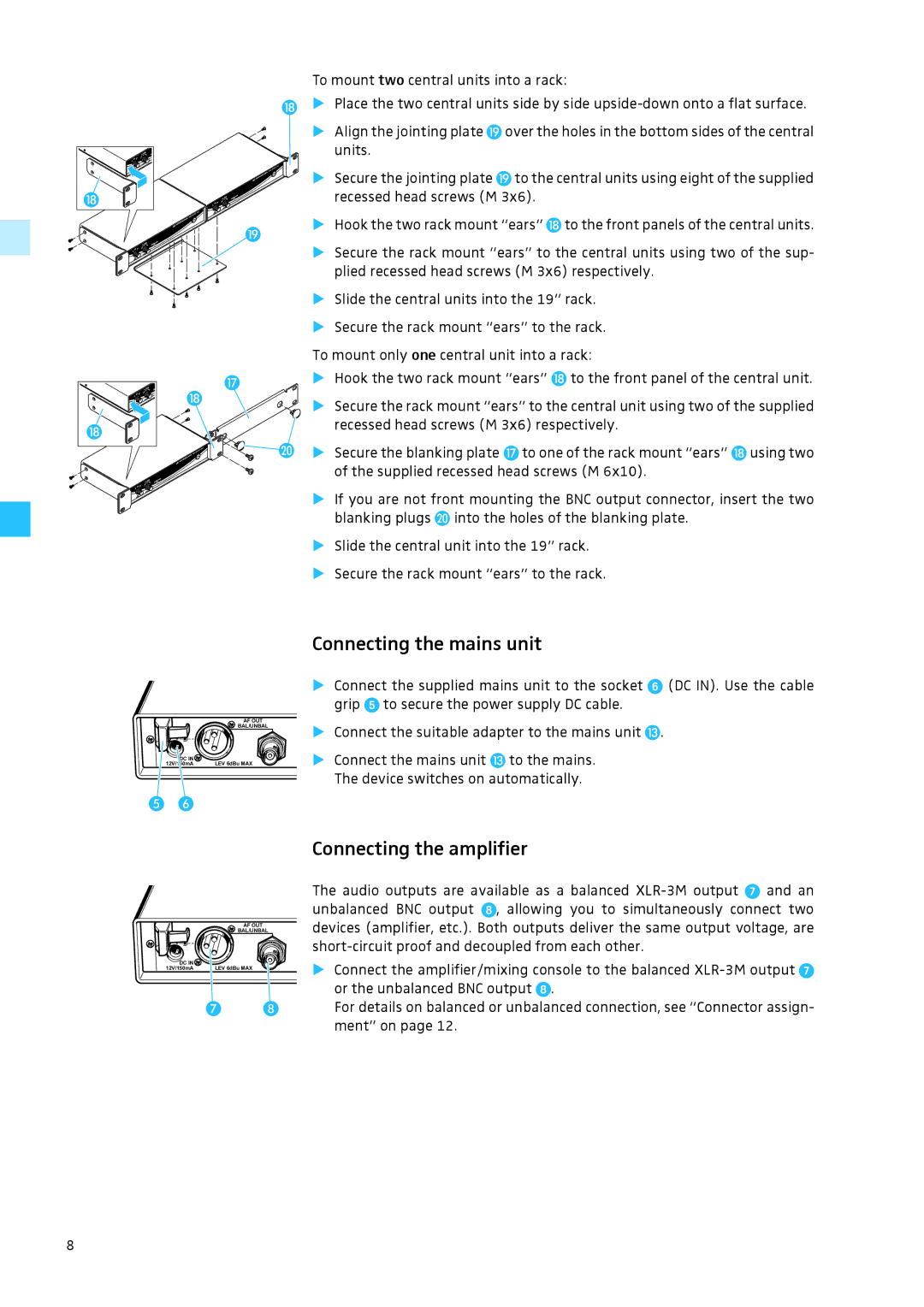 Sennheiser MO 2000 Set instruction manual Connecting the mains unit, Connecting the amplifier 