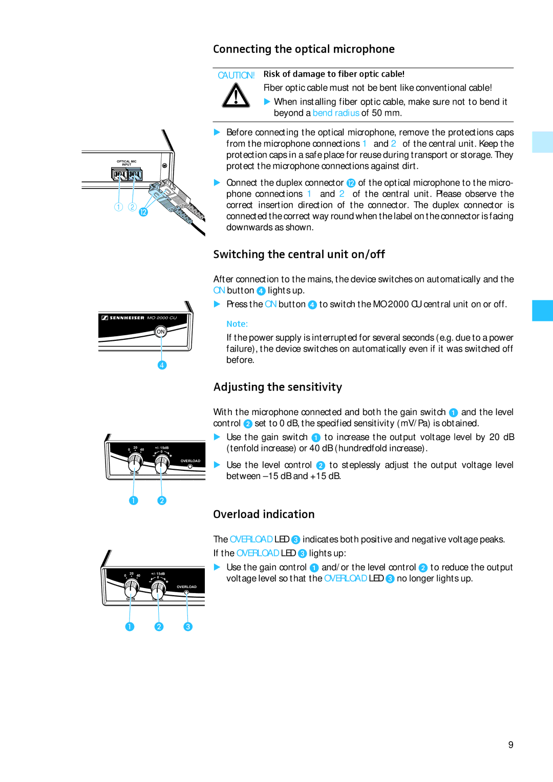 Sennheiser MO 2000 Set Connecting the optical microphone, Switching the central unit on/off, Adjusting the sensitivity 