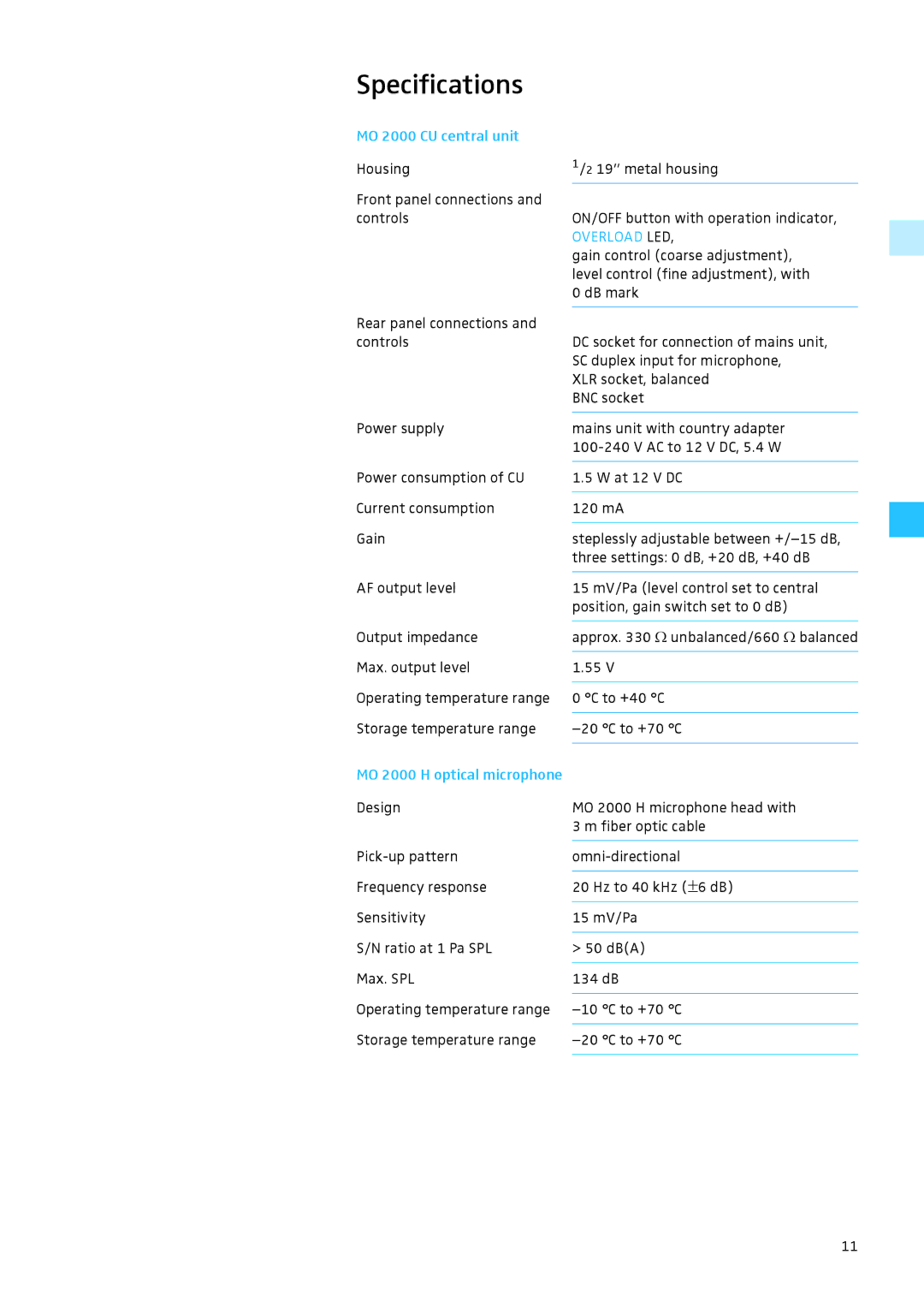 Sennheiser MO 2000 Set instruction manual Specifications, MO 2000 CU central unit, MO 2000 H optical microphone 