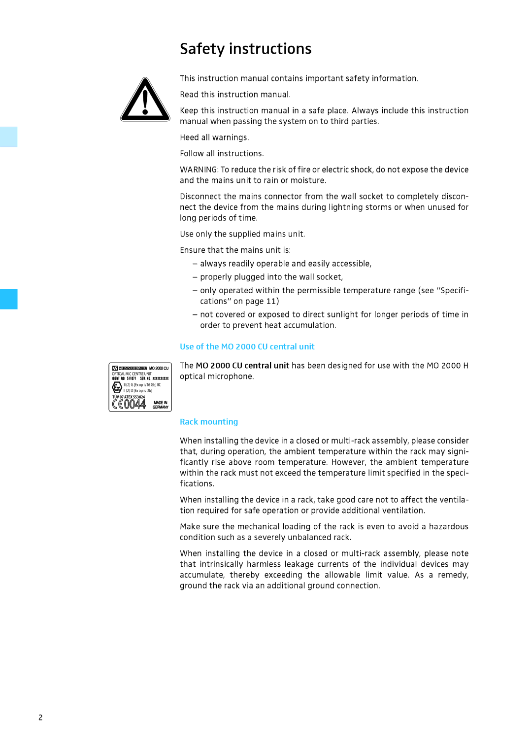 Sennheiser MO 2000 Set instruction manual Safety instructions, Use of the MO 2000 CU central unit, Rack mounting 