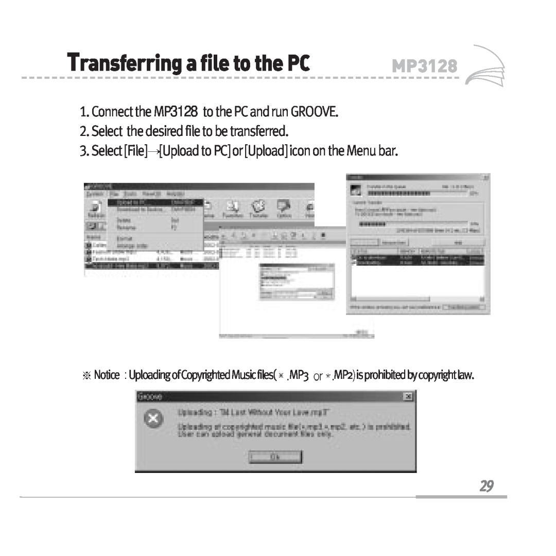 Sennheiser manual TransferringafiletothePC, Connect the MP3128 to the PC and run GROOVE 