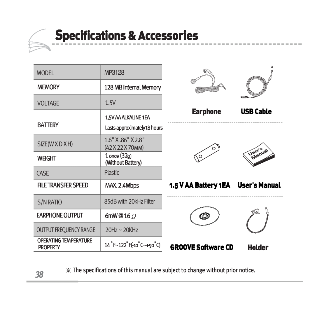 Sennheiser MP3128 Specifications&Accessories, Earphone, 1.5VAABattery1EA UsersManual, GROOVESoftwareCD, Model, Memory, 1.6 