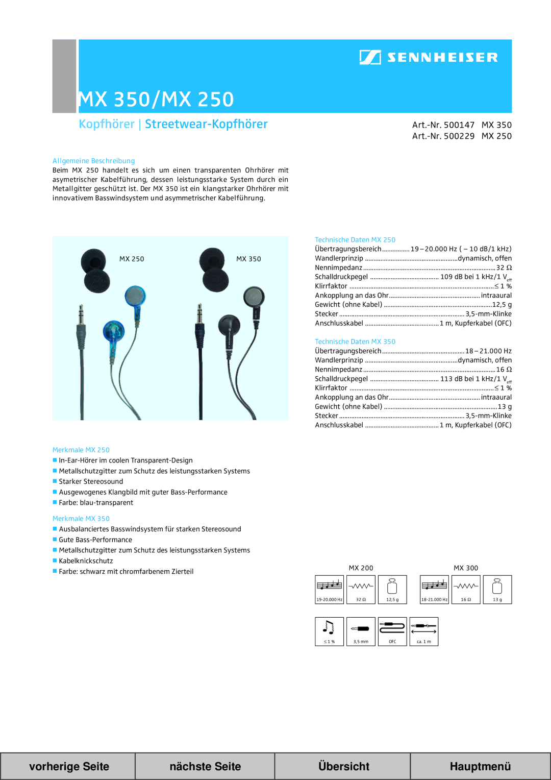 Sennheiser manual MX 350/MX, Kopfhörer Streetwear-Kopfhörer, Art.-Nr MX 350 Art.-Nr MX 