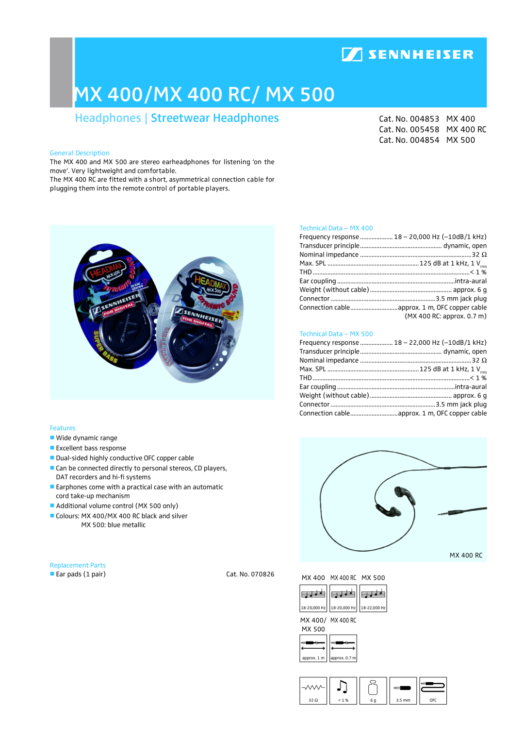 Sennheiser MX 500 manual MX 400/MX 400 RC/ MX, Headphones Streetwear Headphones, Cat. No. 004854 MX, General Description 