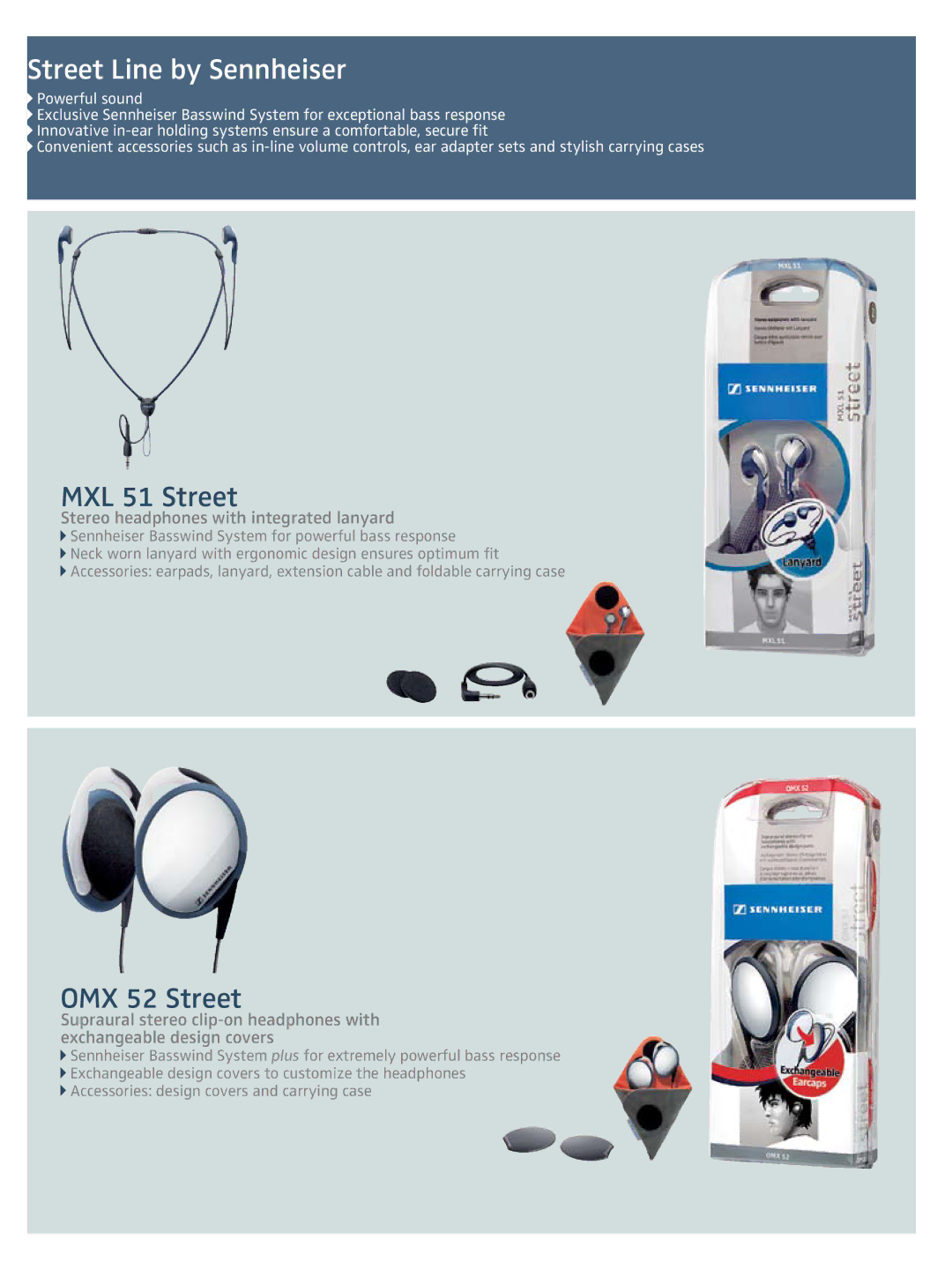 Sennheiser OMX 50 VC Street Line by Sennheiser, MXL 51 Street, OMX 52 Street, Stereo headphones with integrated lanyard 