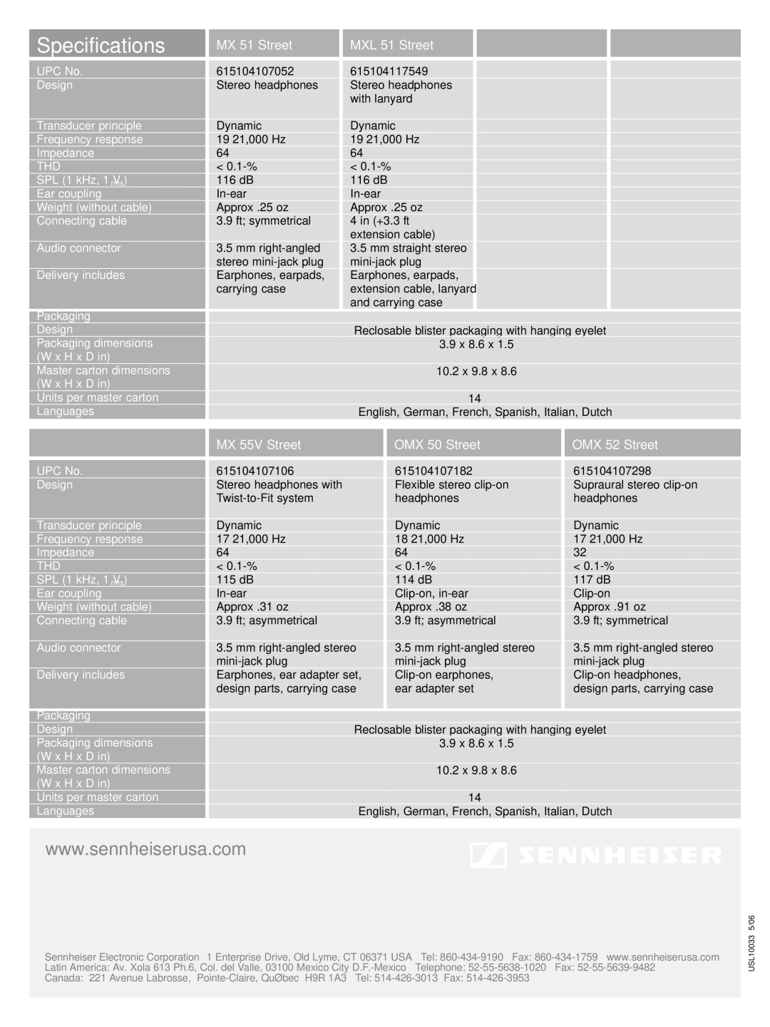 Sennheiser OMX 52, MX 51, MX 55V, MXL51, OMX 50 VC manual Specifications 