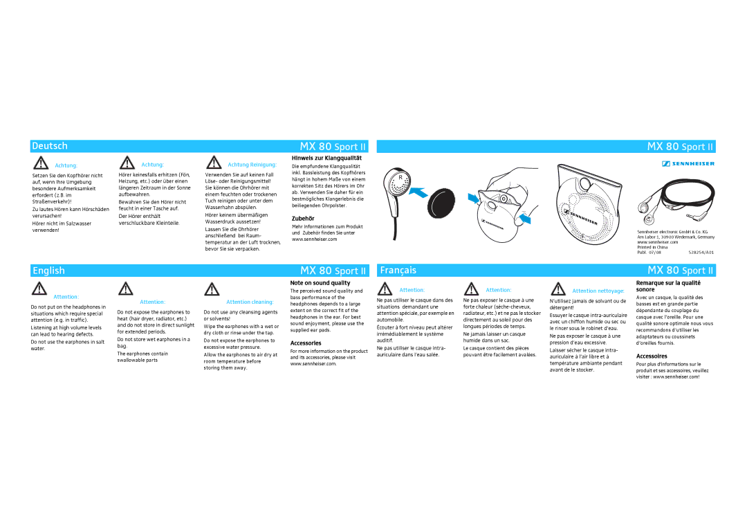 Sennheiser MX 80 Sport II manual Deutsch, English, Français 