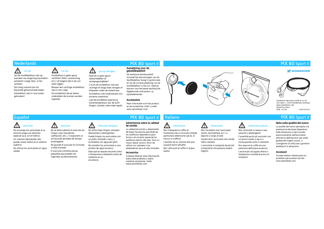 Sennheiser MX 80 Sport II manual Nederlands, Español, Italiano 