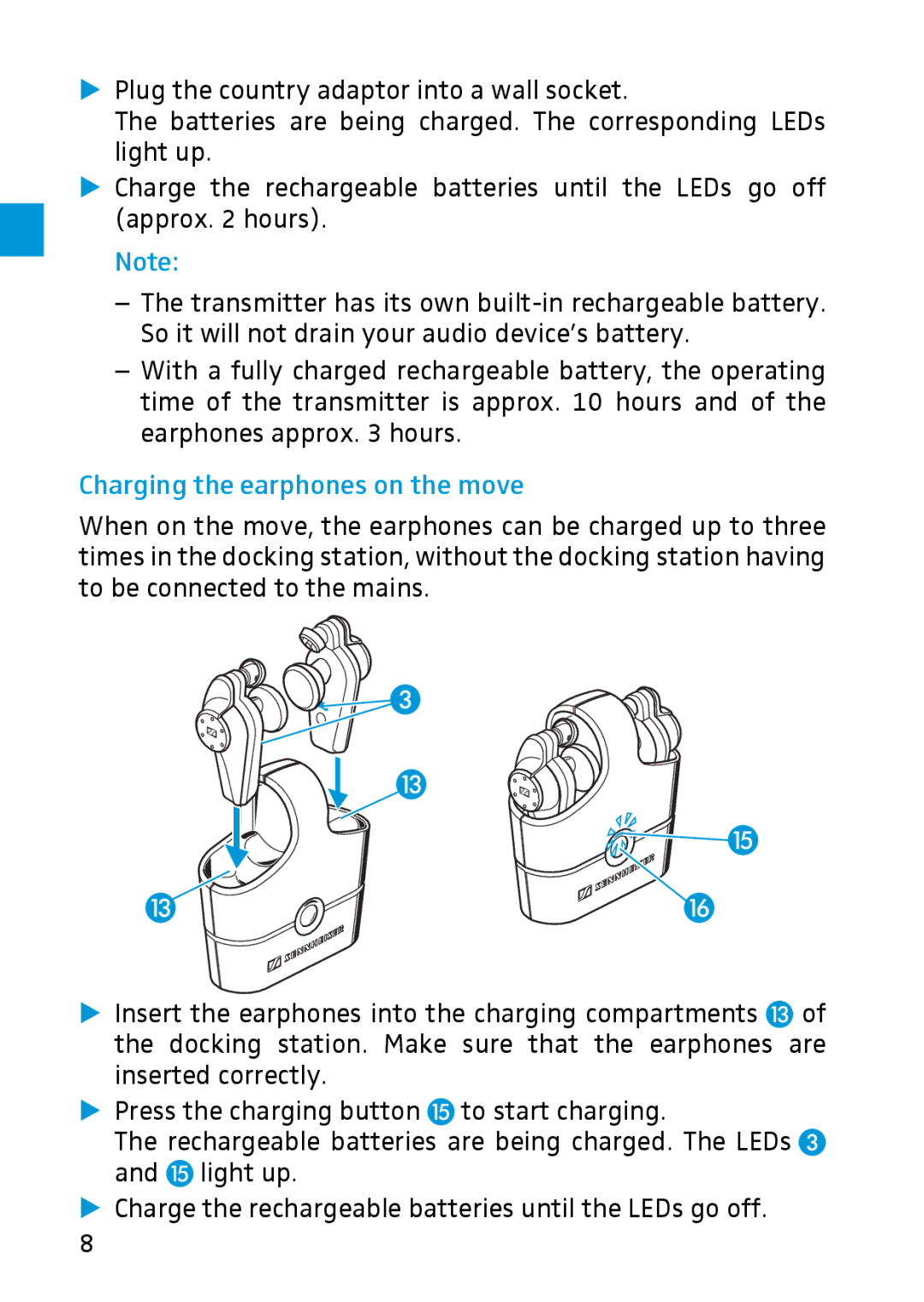 Sennheiser MX W1 instruction manual Charging the earphones on the move 