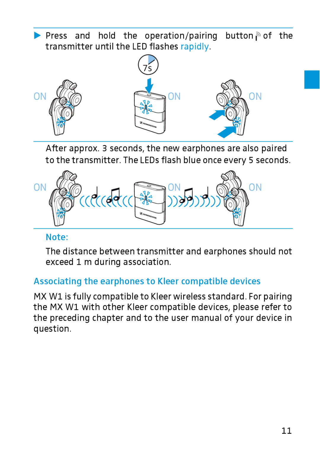 Sennheiser MX W1 instruction manual Associating the earphones to Kleer compatible devices 