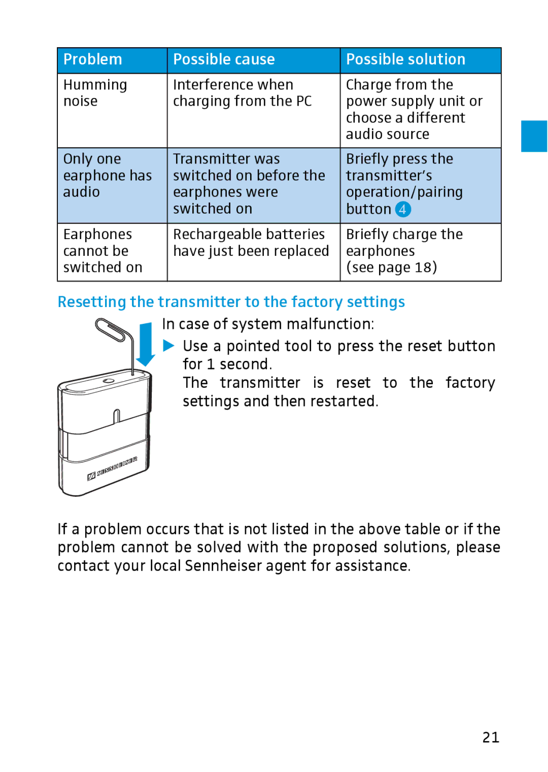 Sennheiser MX W1 instruction manual Resetting the transmitter to the factory settings 