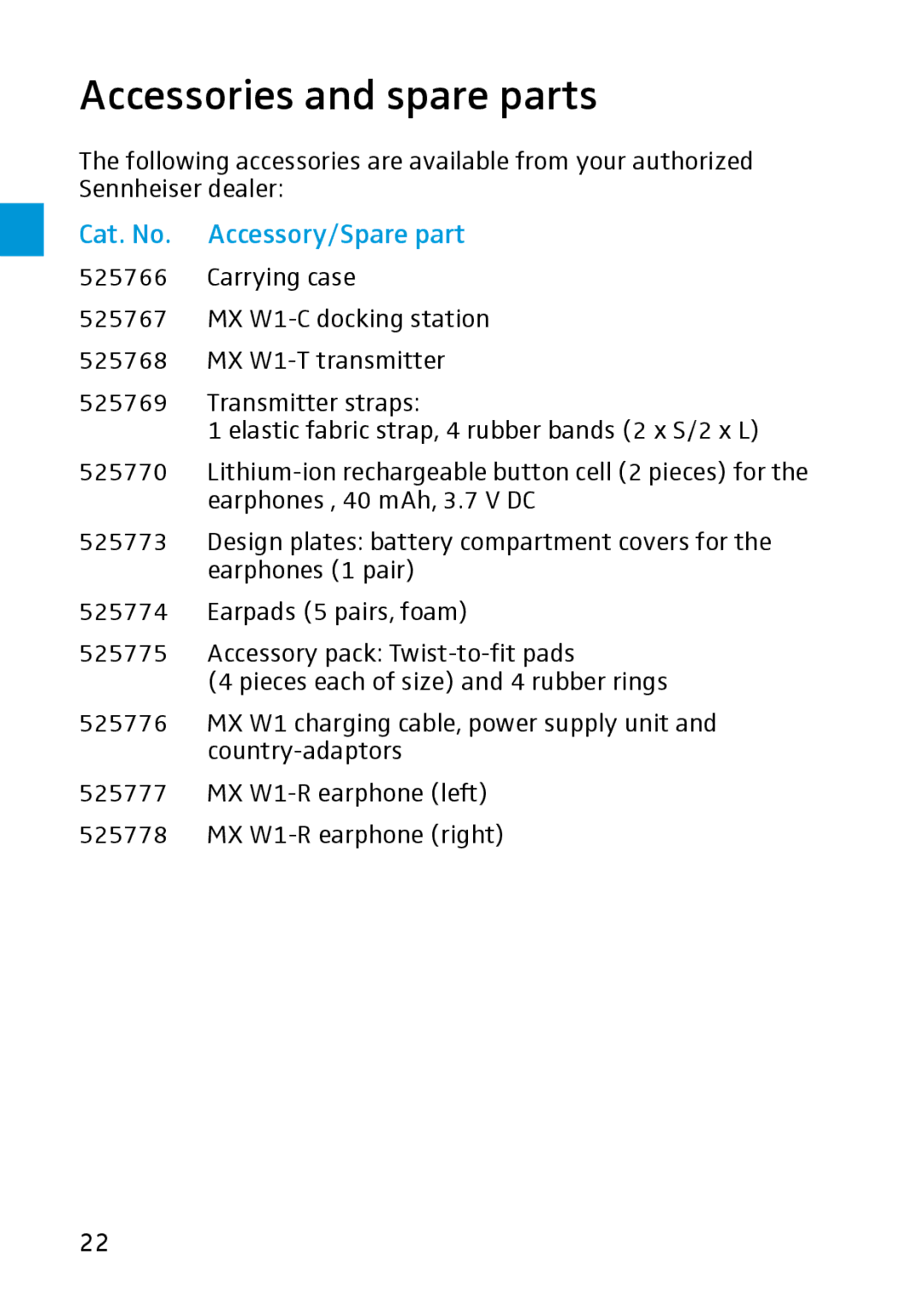 Sennheiser MX W1 instruction manual Accessories and spare parts, Cat. No. Accessory/Spare part 