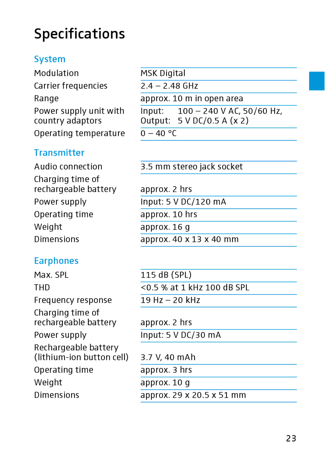 Sennheiser MX W1 instruction manual Specifications, System 