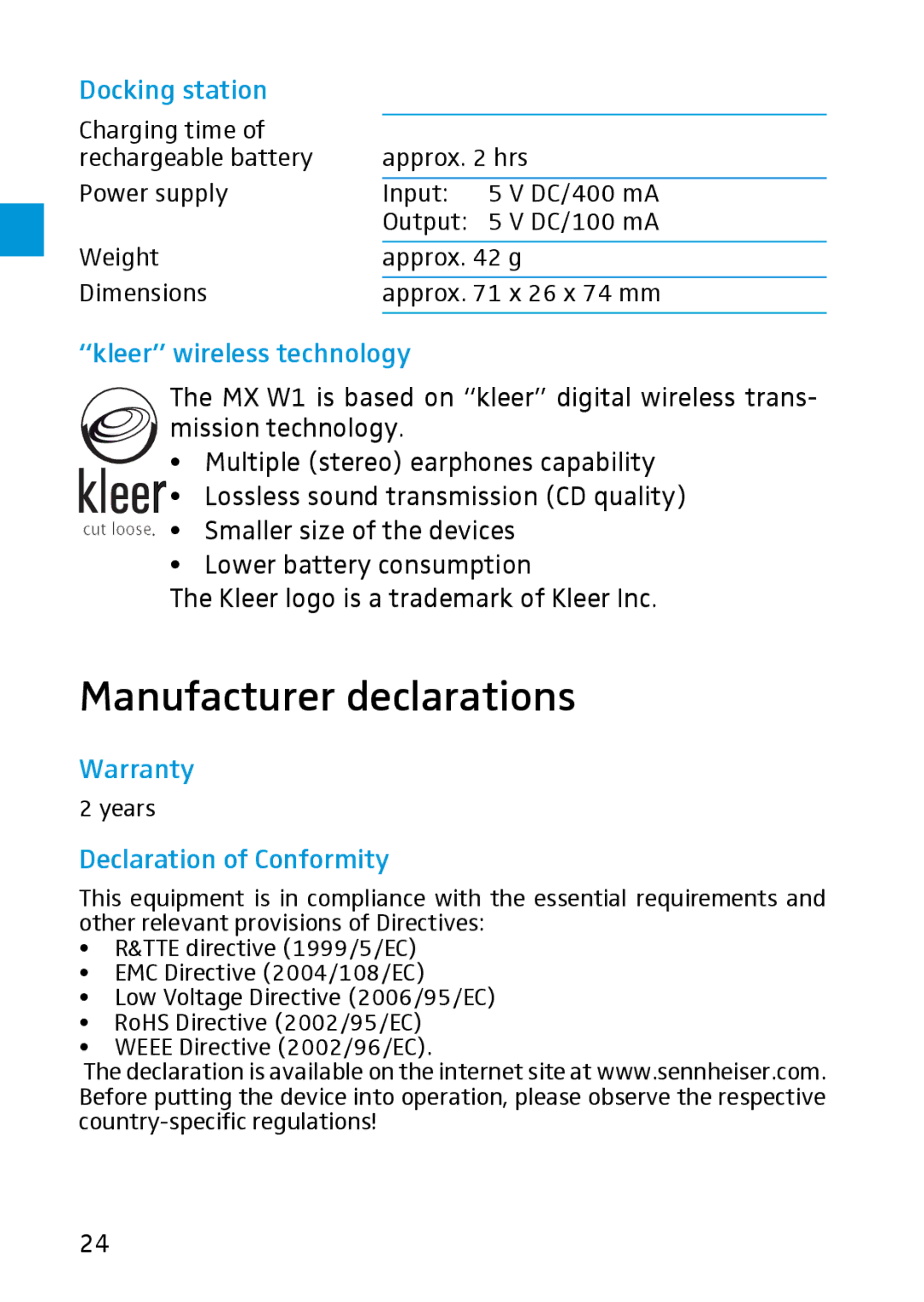 Sennheiser MX W1 Manufacturer declarations, Kleer wireless technology, Warranty, Declaration of Conformity 