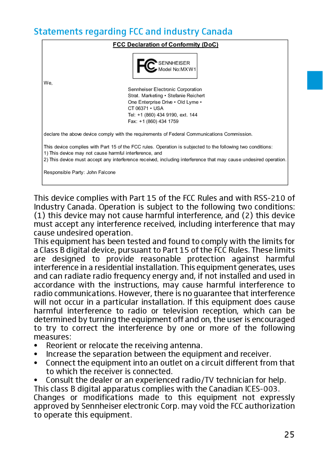 Sennheiser MX W1 instruction manual Statements regarding FCC and industry Canada, FCC Declaration of Conformity DoC 