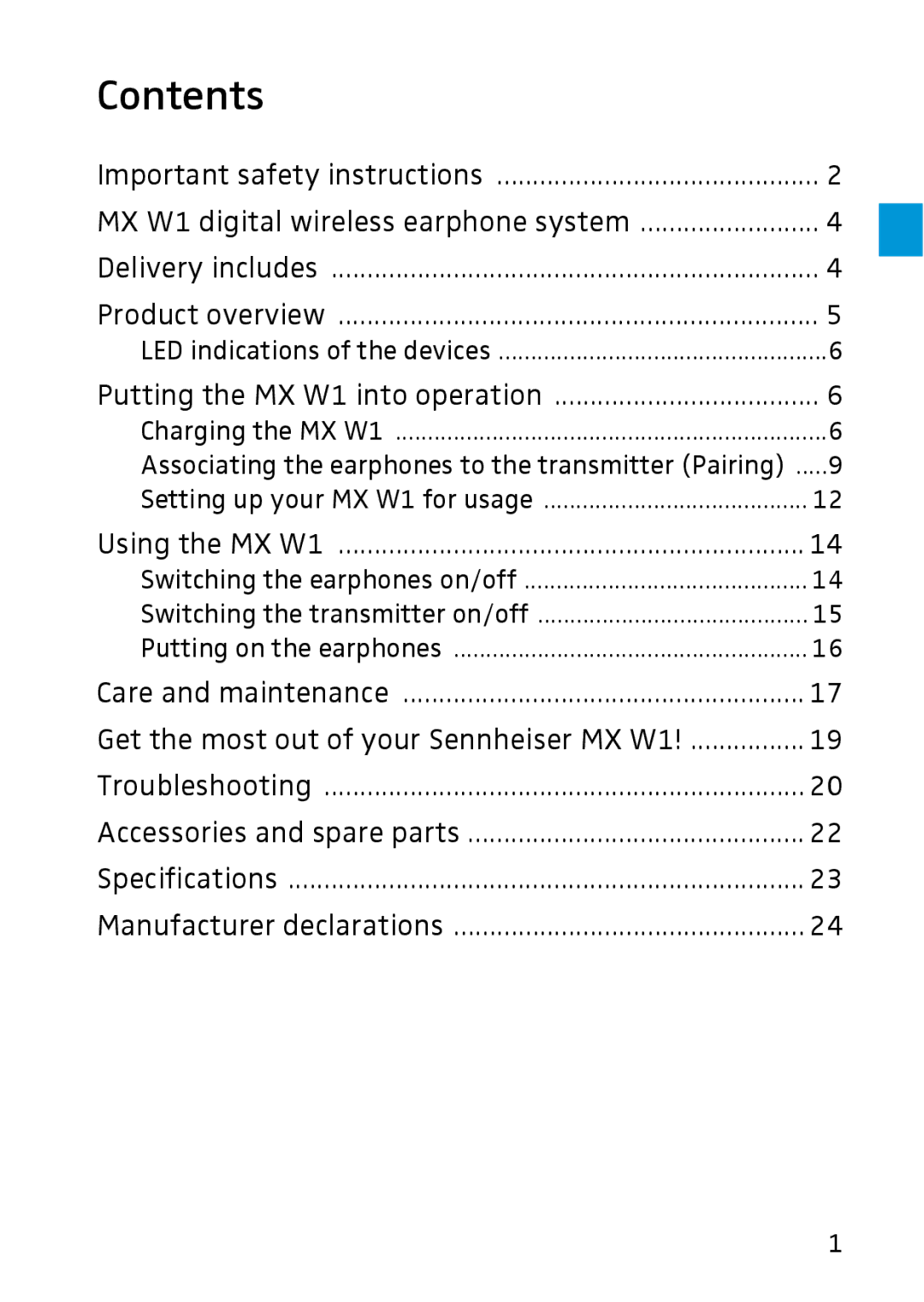 Sennheiser MX W1 instruction manual Contents 