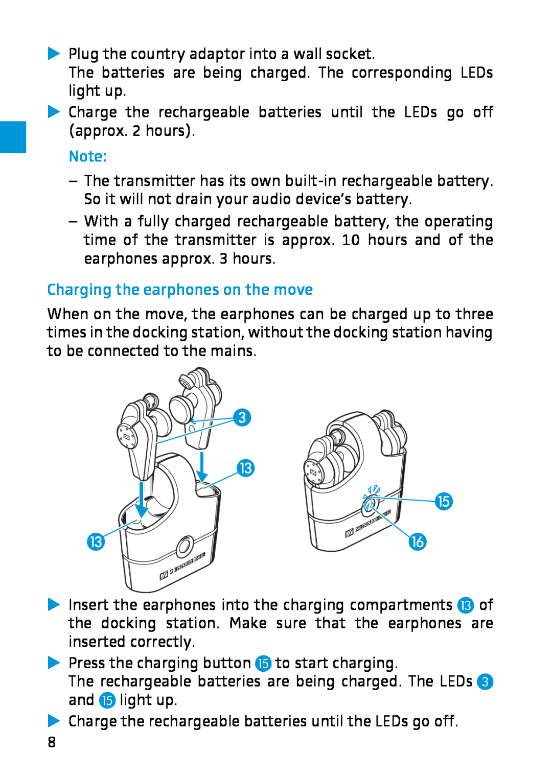 Sennheiser MX W1 instruction manual Charging the earphones on the move, Plug the country adaptor into a wall socket 