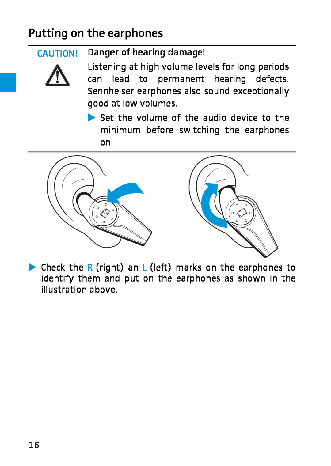 Sennheiser MX W1 instruction manual Putting on the earphones 