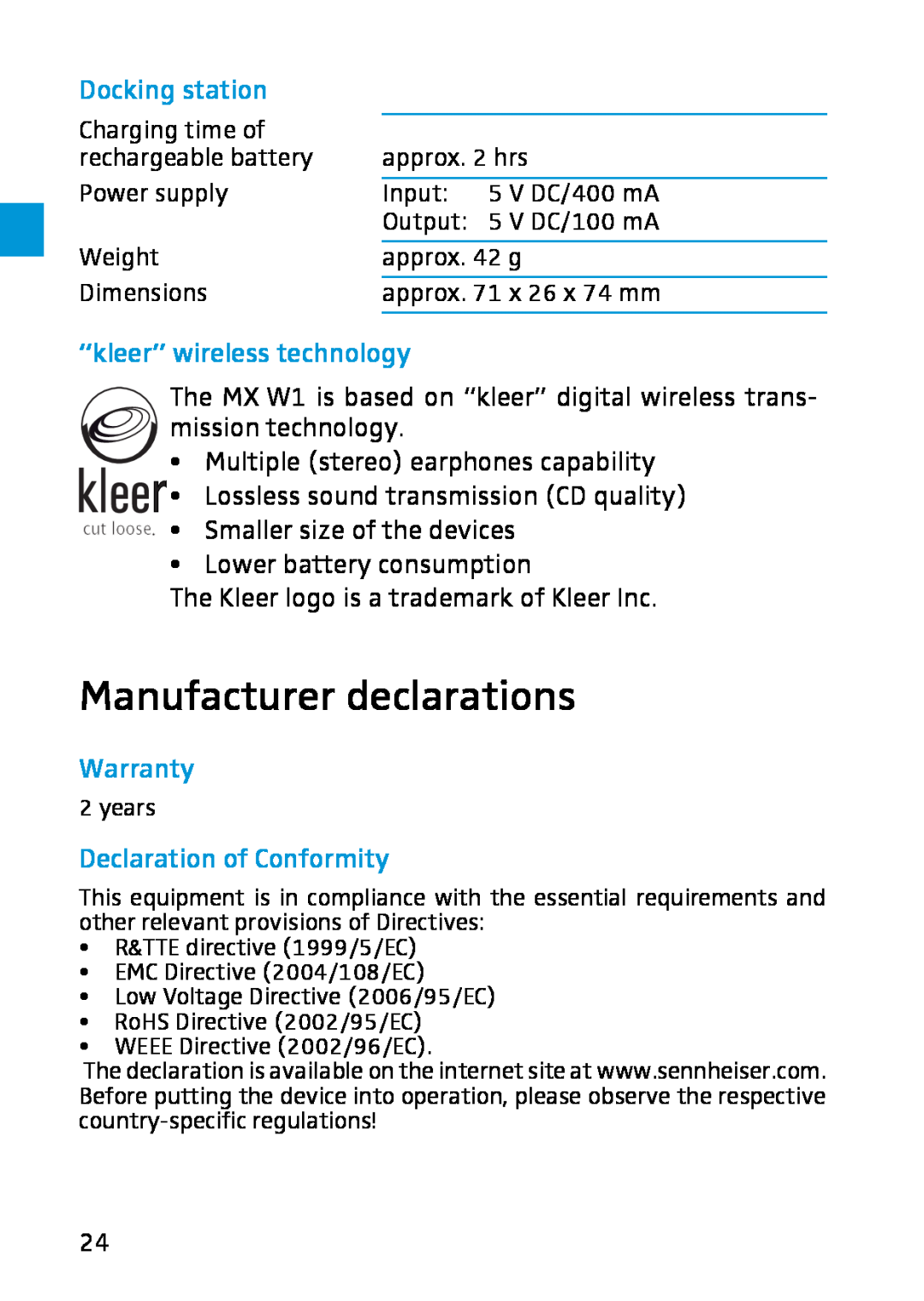 Sennheiser MX W1 Manufacturer declarations, “kleer” wireless technology, Warranty, Declaration of Conformity 