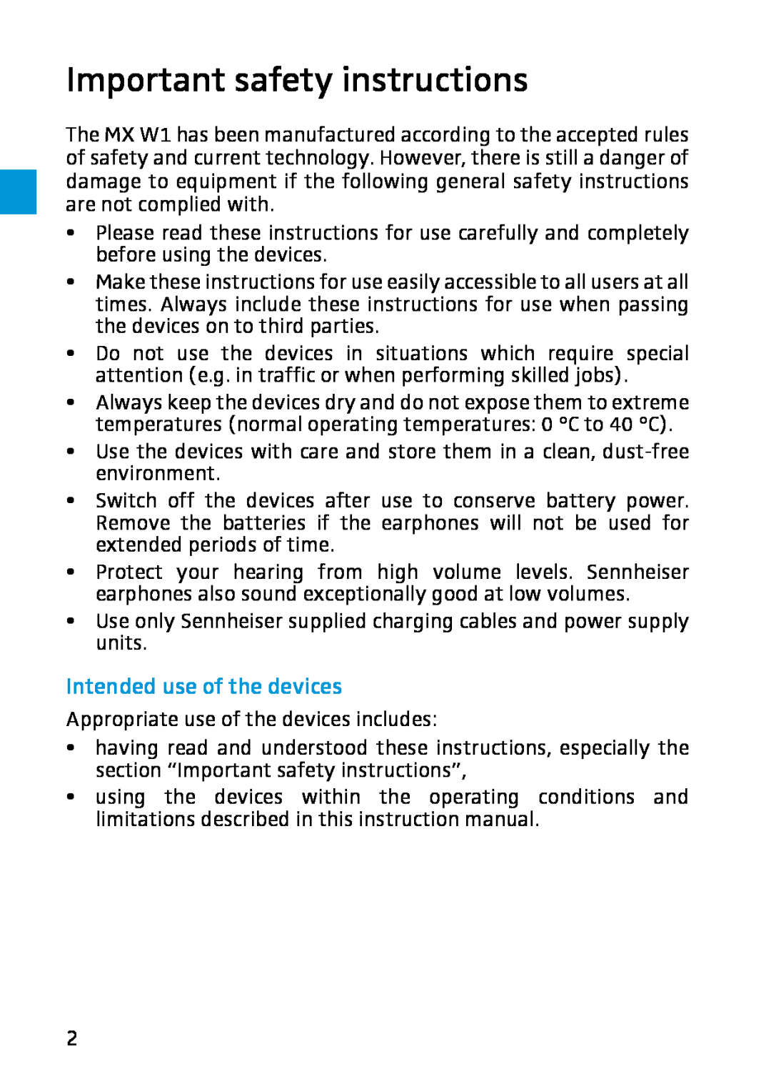 Sennheiser MX W1 instruction manual Important safety instructions, Intended use of the devices 