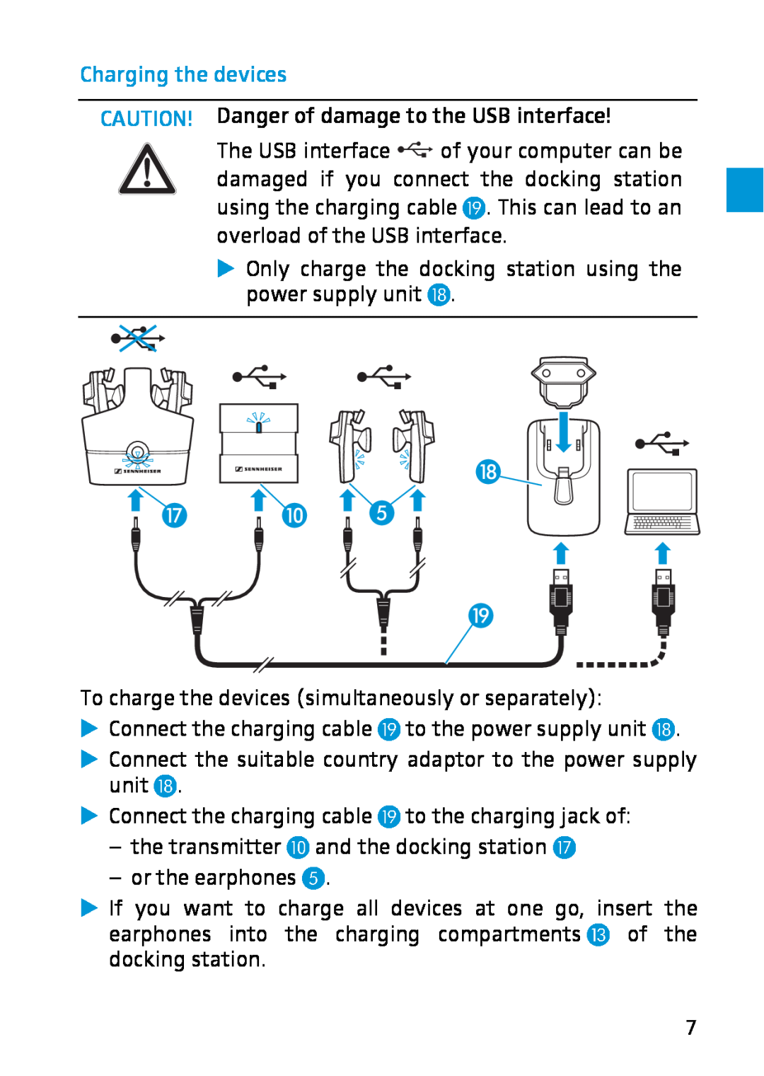 Sennheiser MX W1 instruction manual Charging the devices, CAUTION! Danger of damage to the USB interface 