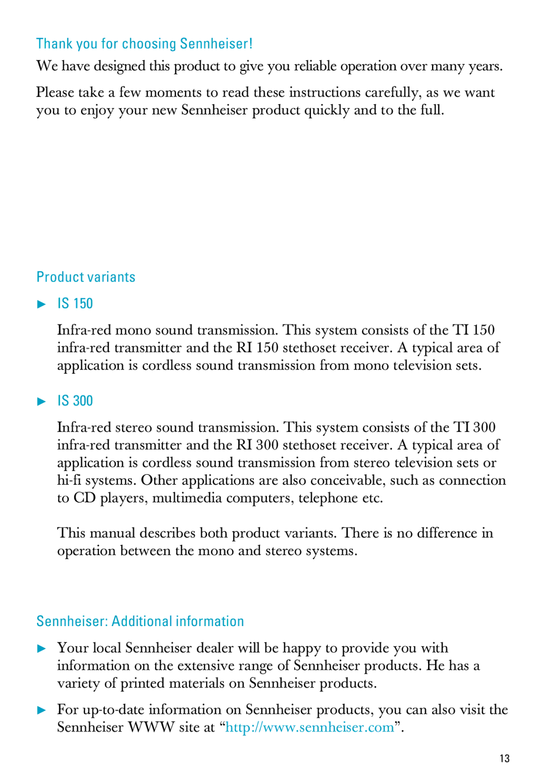 Sennheiser PC 150, MX300 manual Thank you for choosing Sennheiser, Product variants, Sennheiser Additional information 