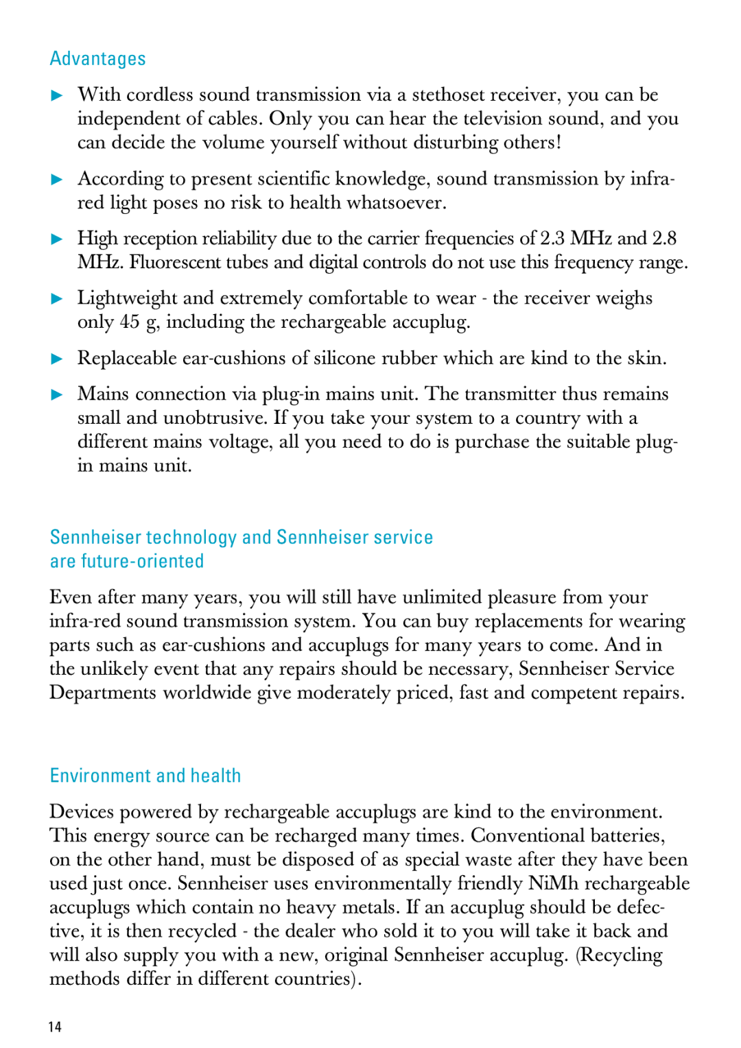 Sennheiser MX300, PC 150 manual Advantages, Environment and health 