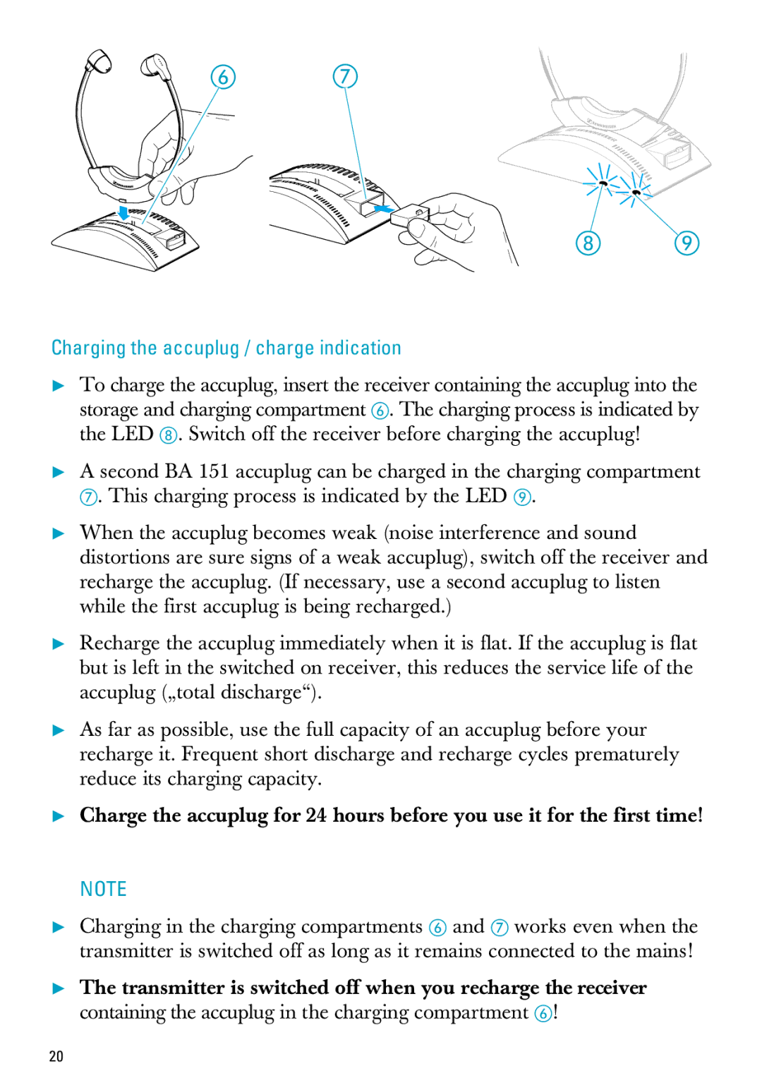 Sennheiser MX300, PC 150 manual Charging the accuplug / charge indication 