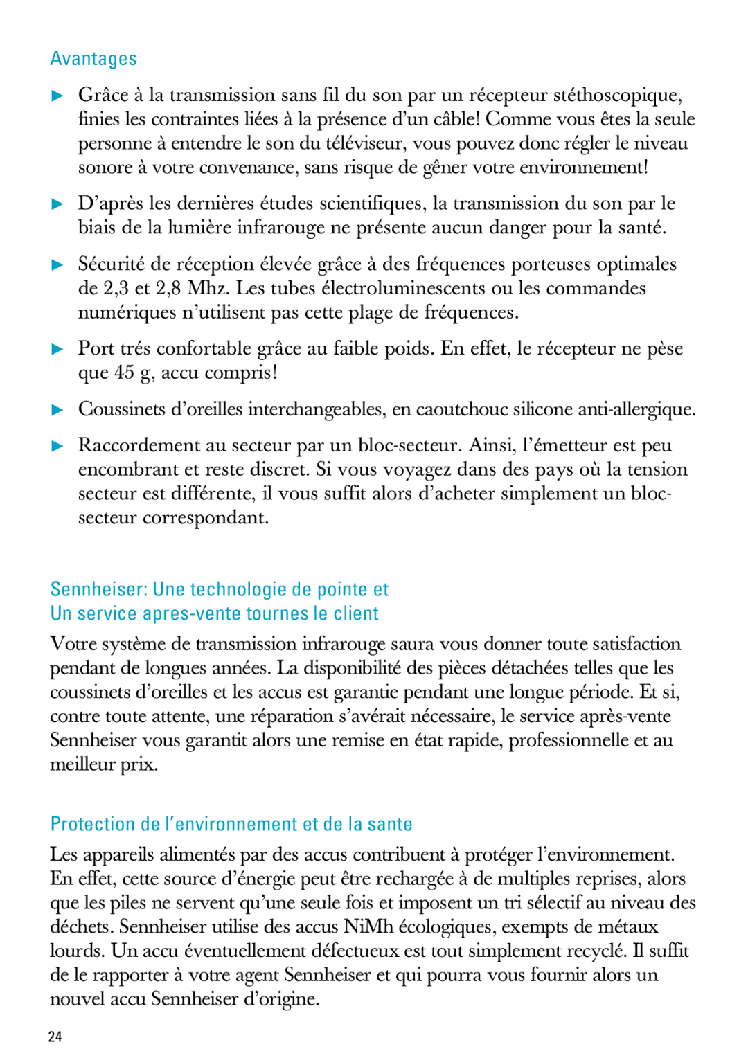 Sennheiser MX300, PC 150 manual Avantages, Protection de l’environnement et de la sante 