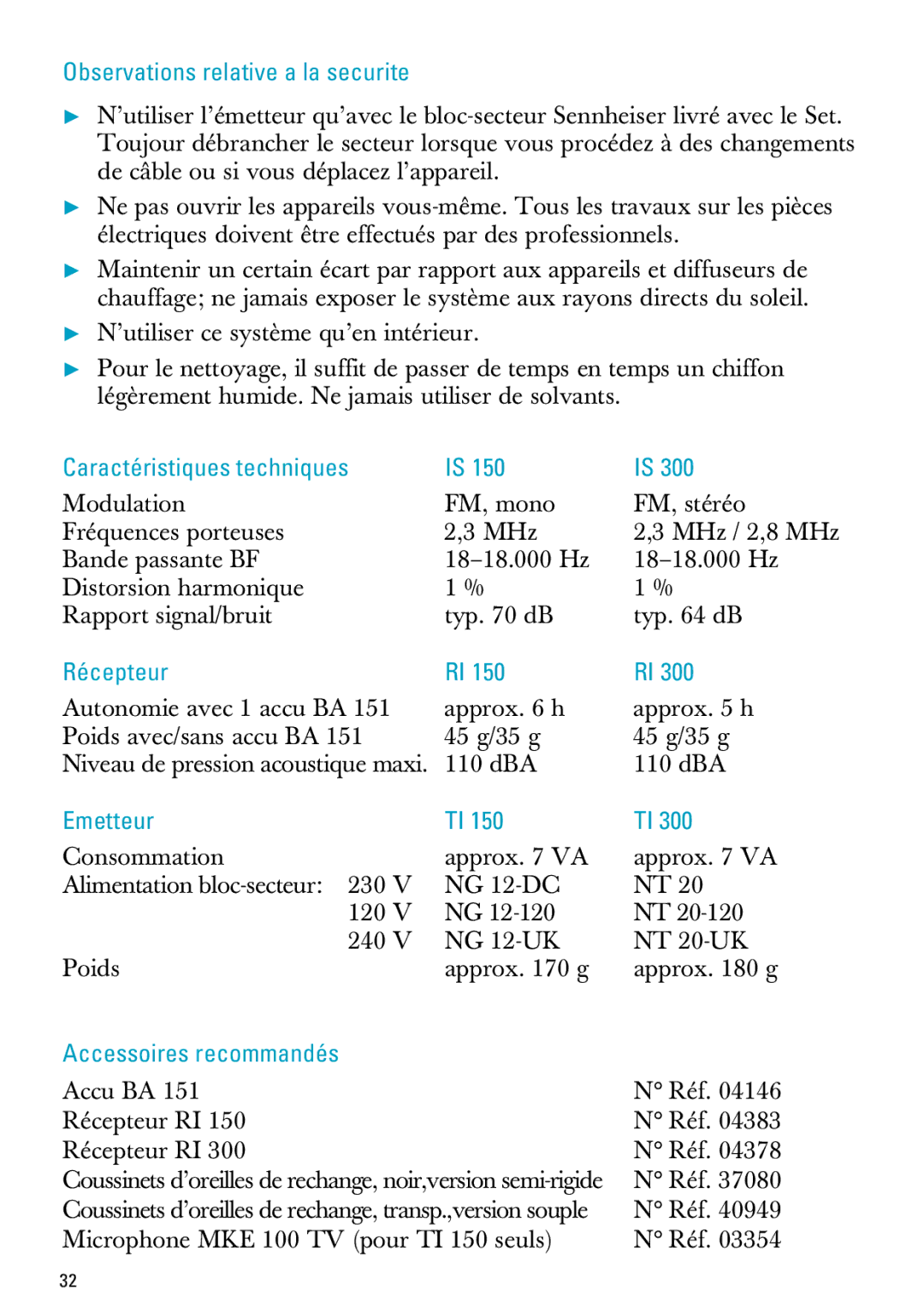 Sennheiser MX300, PC 150 manual Observations relative a la securite, Caractéristiques techniques, Récepteur, Emetteur 