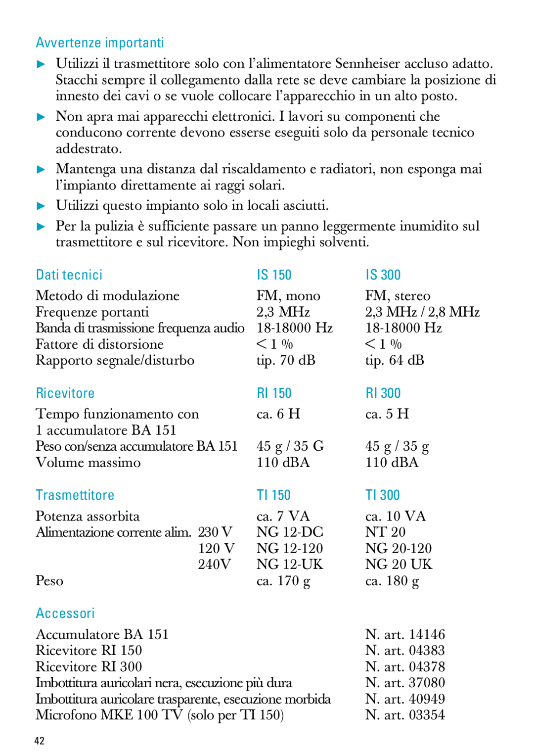 Sennheiser MX300, PC 150 manual Avvertenze importanti, Dati tecnici, Ricevitore, Trasmettitore, Accessori 