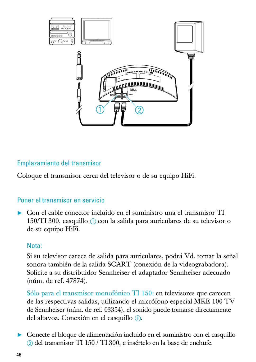 Sennheiser MX300, PC 150 manual Emplazamiento del transmisor, Poner el transmisor en servicio, Nota 