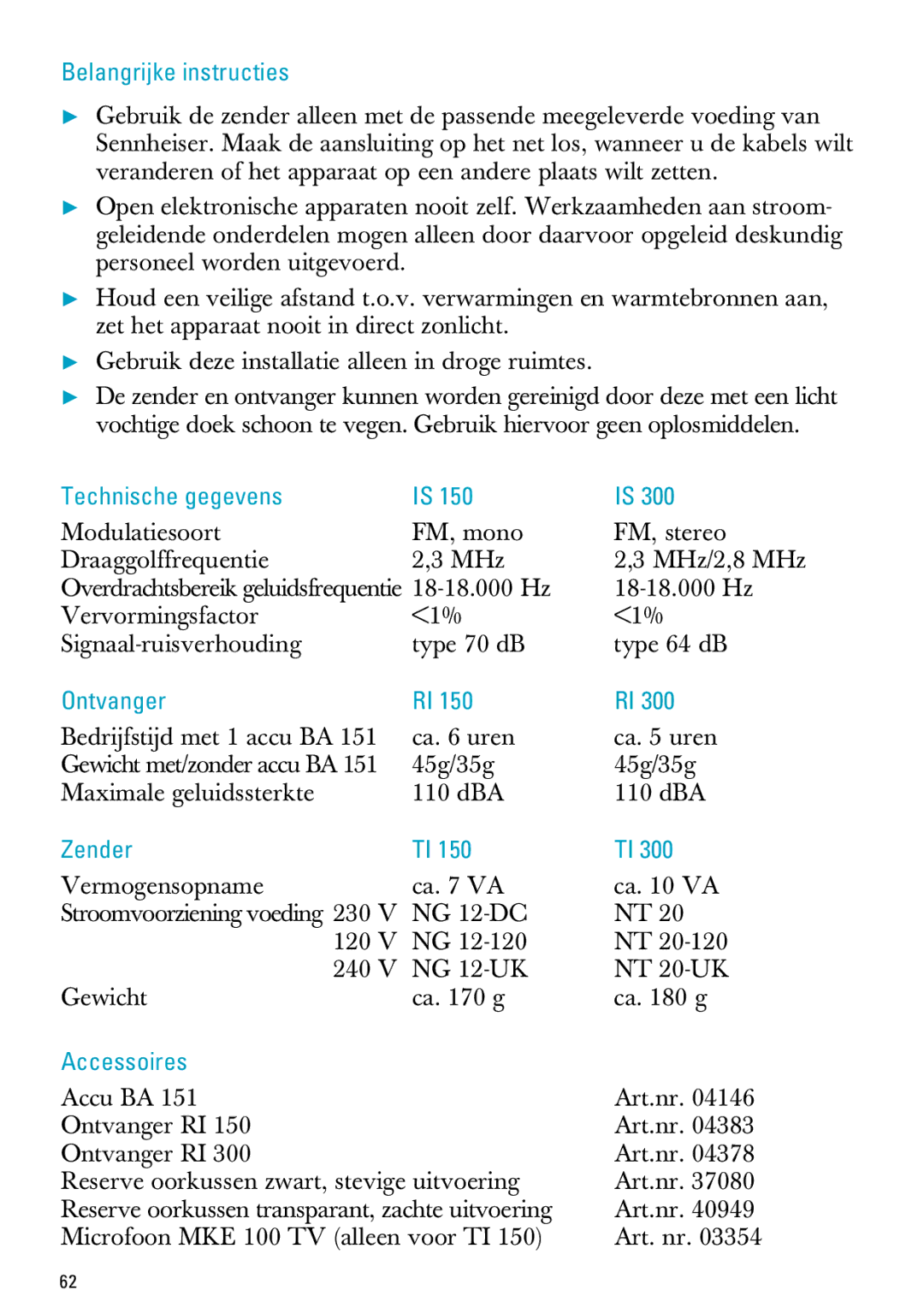 Sennheiser MX300, PC 150 manual Belangrijke instructies, Technische gegevens, Ontvanger, Zender, Accessoires 