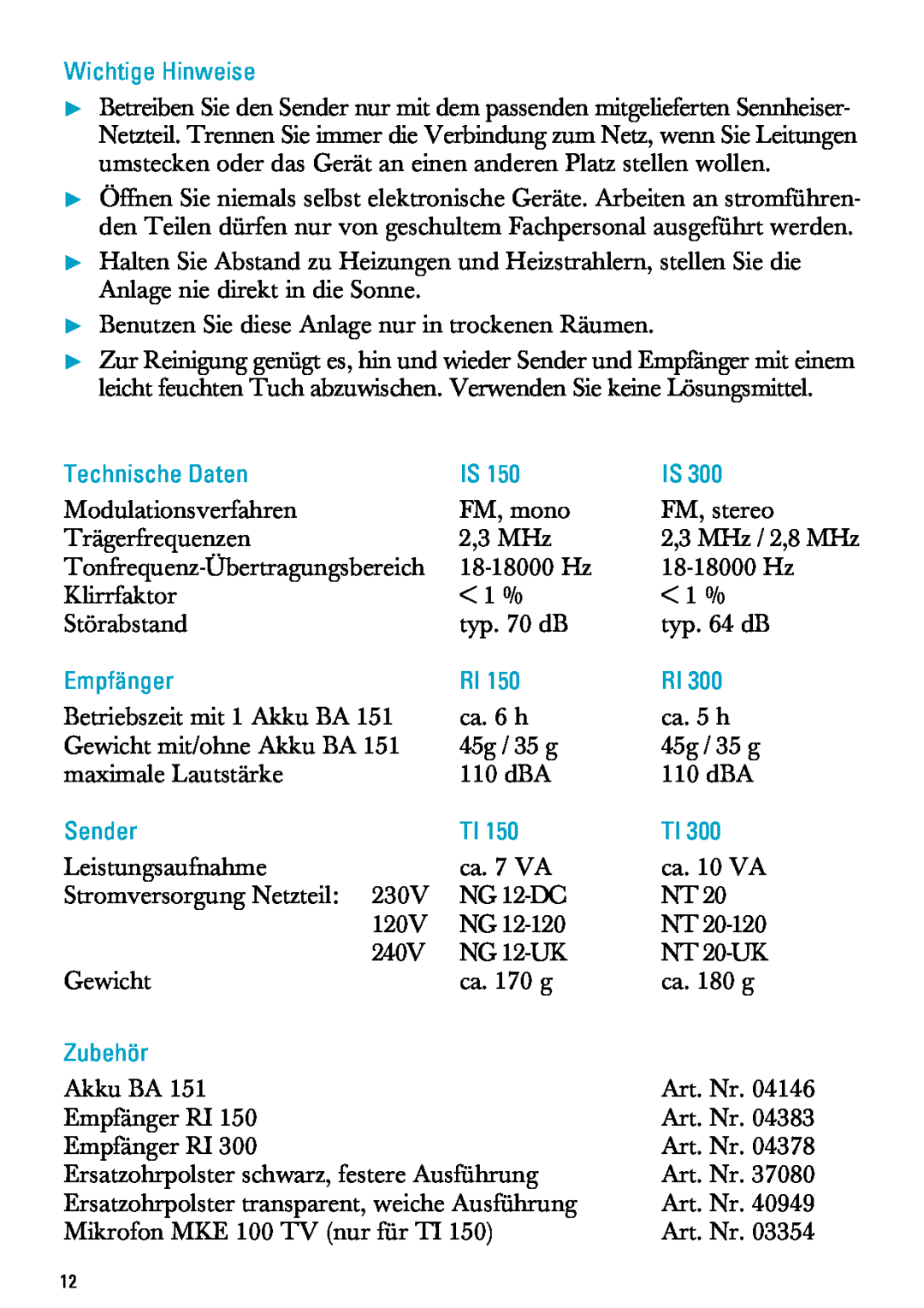 Sennheiser MX300, PC 150 manual Wichtige Hinweise, Technische Daten, Empfänger, Sender, Zubehör 