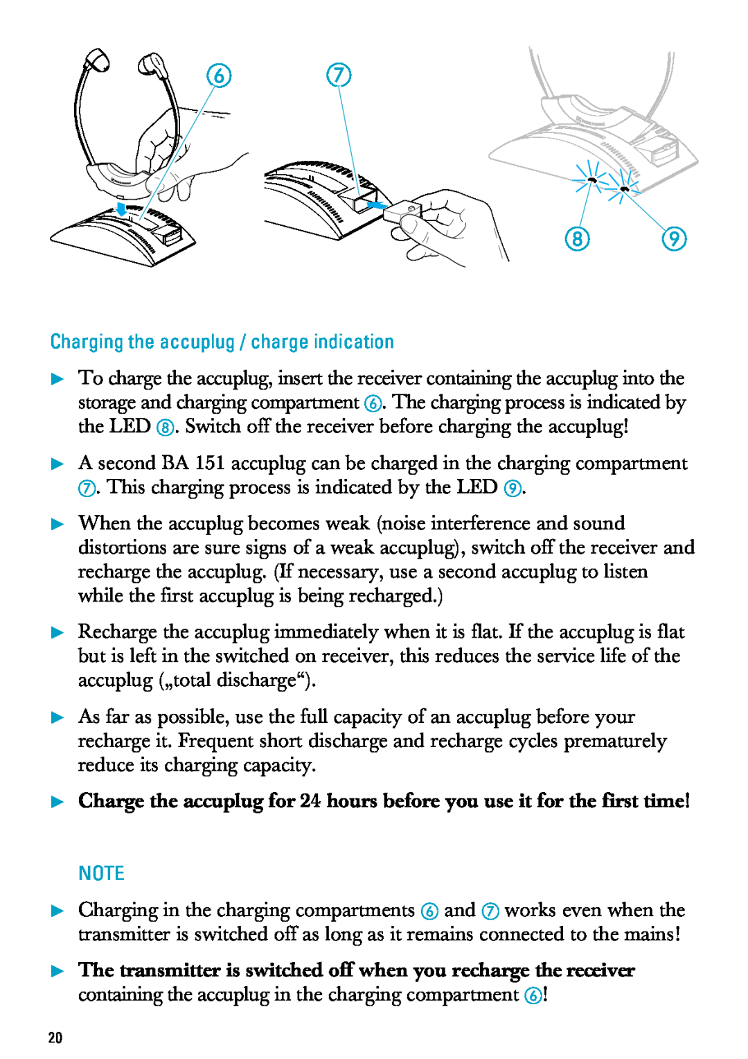 Sennheiser MX300, PC 150 manual Charging the accuplug / charge indication, This charging process is indicated by the LED 