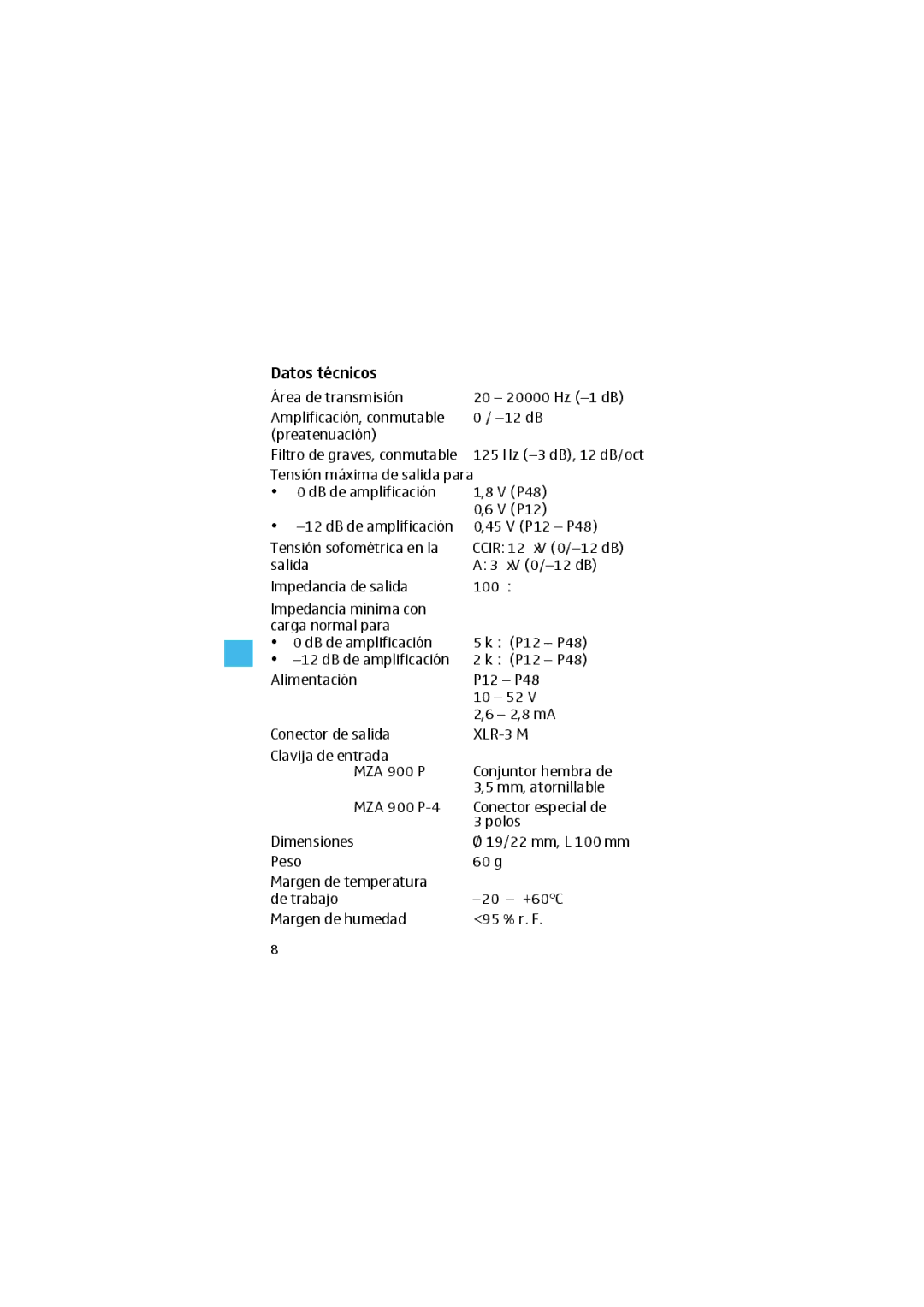 Sennheiser MZA 900 P manual Datos técnicos, XLR-3 M 