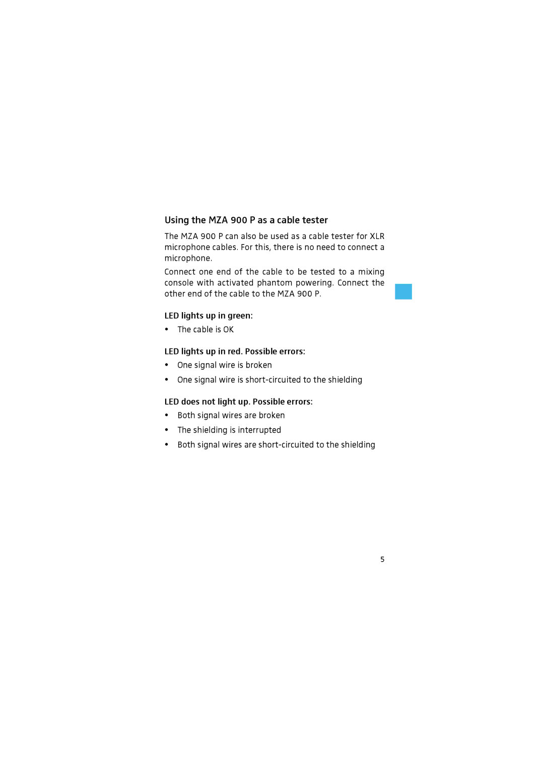 Sennheiser manual Using the MZA 900 P as a cable tester 