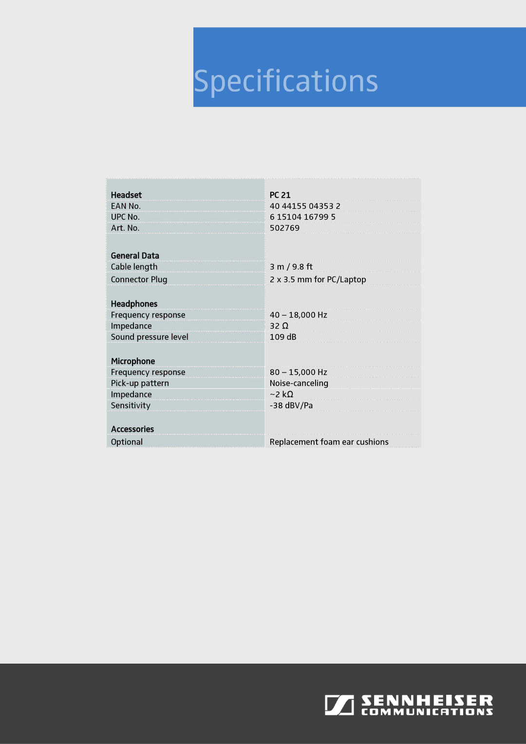 Sennheiser PC 21 manual Specifications 