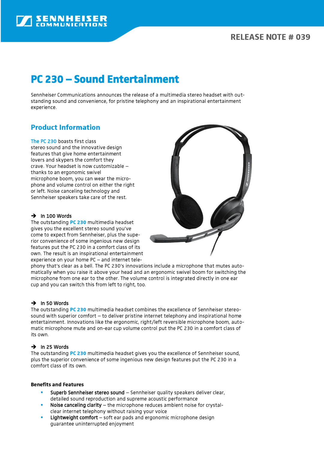 Sennheiser PC 230 manual  In 100 Words,  In 50 Words,  In 25 Words, Benefits and Features 