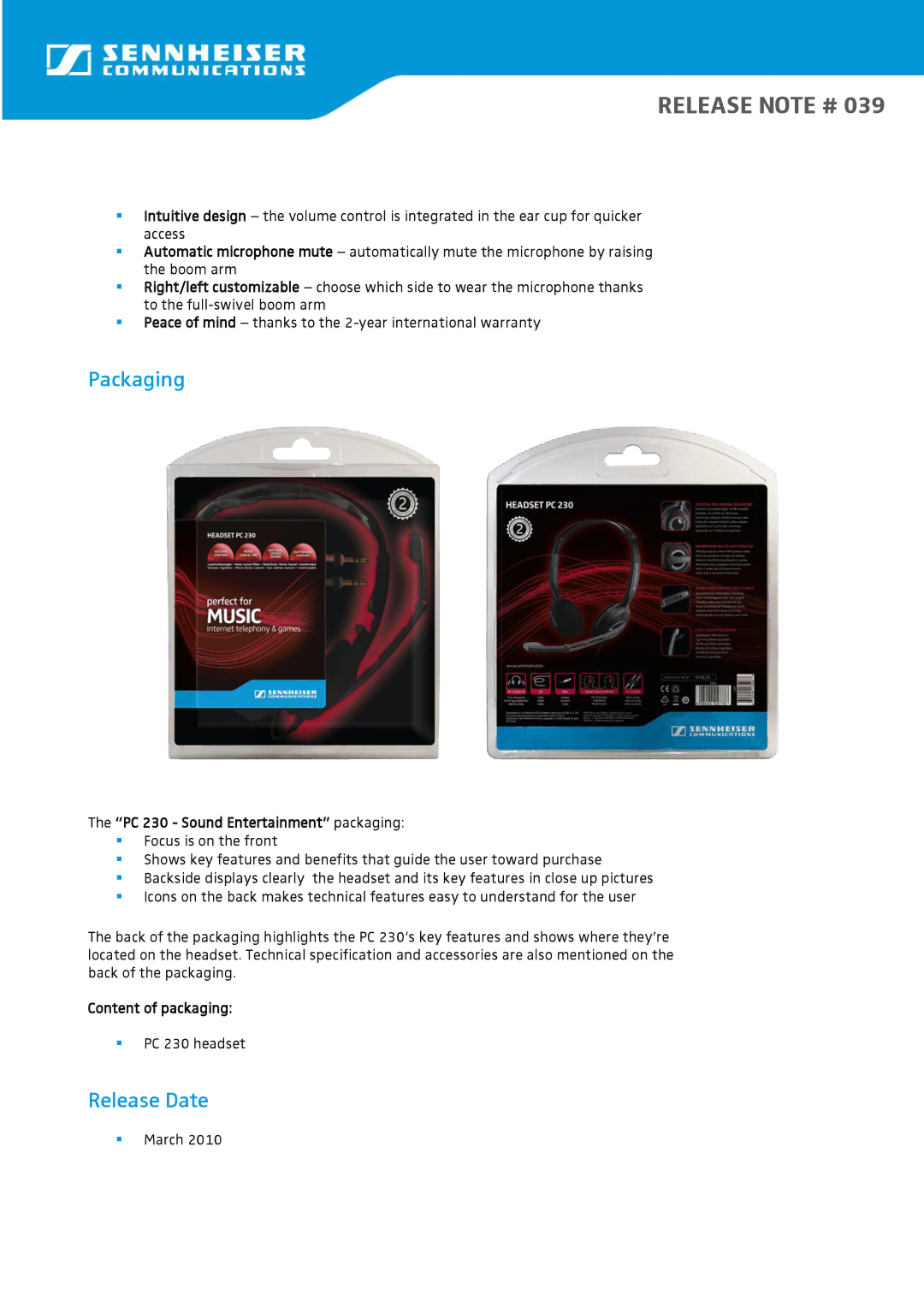 Sennheiser manual Packaging, Release Date, PC 230 Sound Entertainment packaging, Content of packaging 