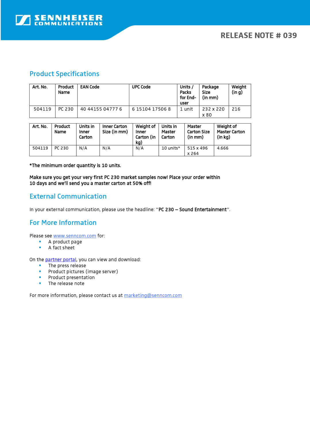 Sennheiser PC 230 manual Product Specifications, External Communication, For More Information 