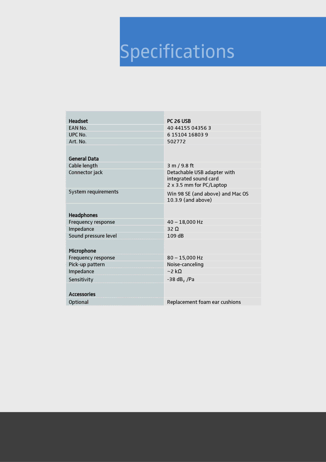 Sennheiser PC 26 USB manual Specifications 