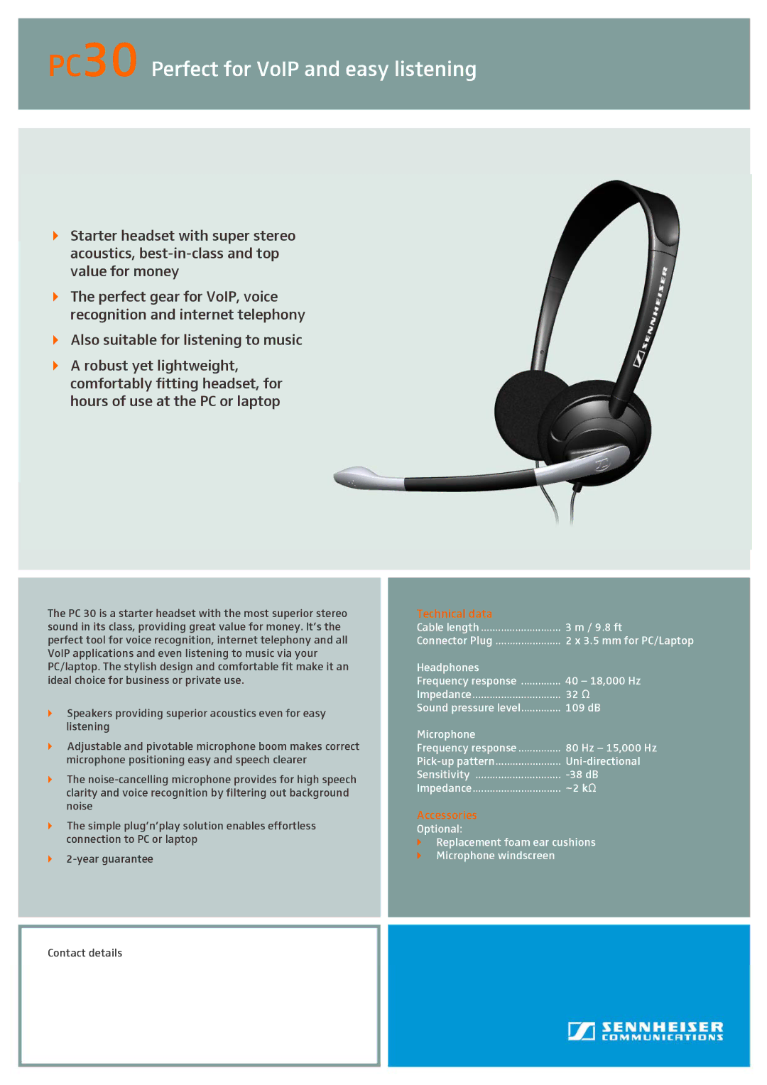 Sennheiser PC 30 manual PC30 Perfect for VoIP and easy listening, Technical data, Accessories 