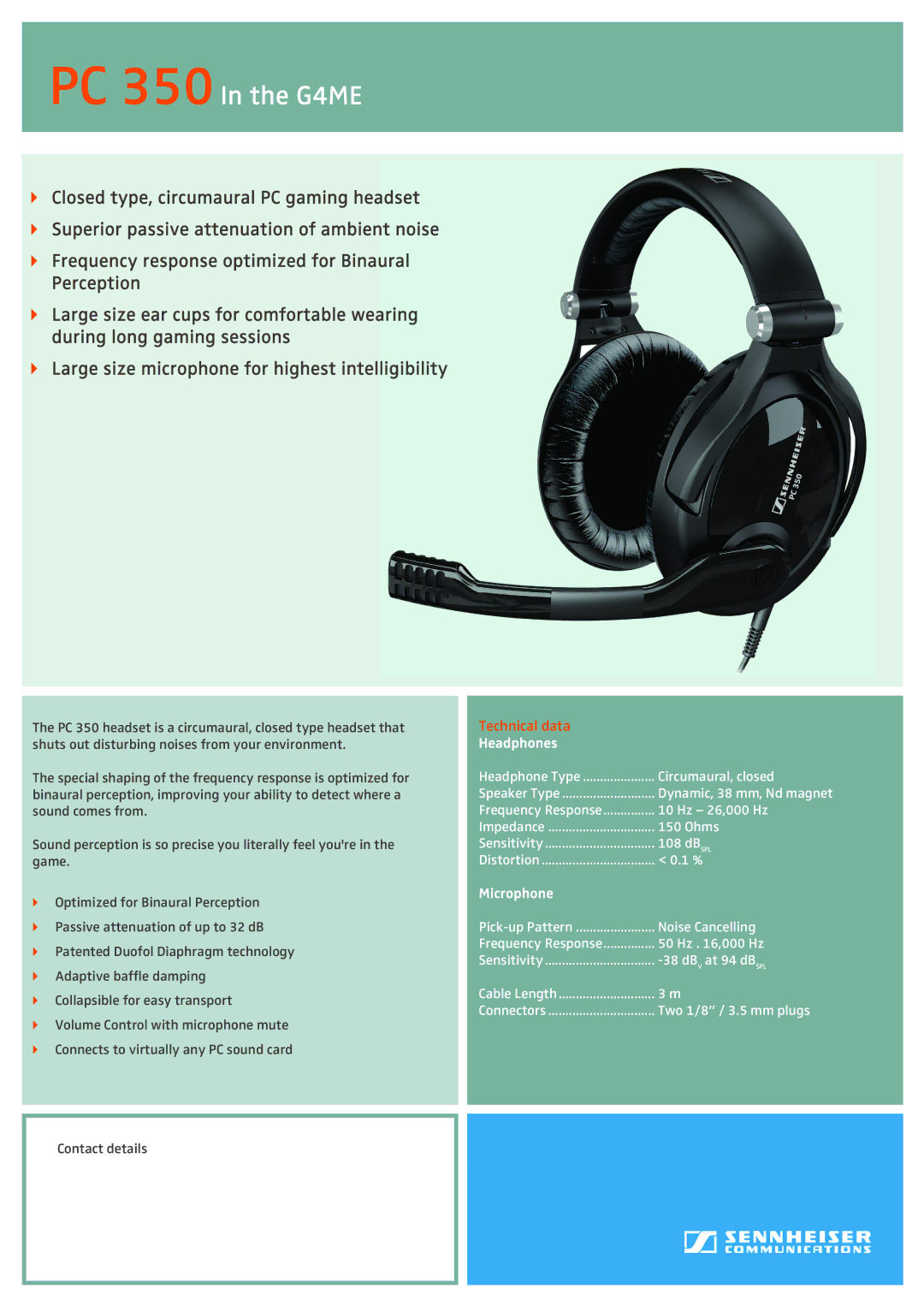 Sennheiser manual PC 350In the G4ME, Technical data, Headphones, Microphone 