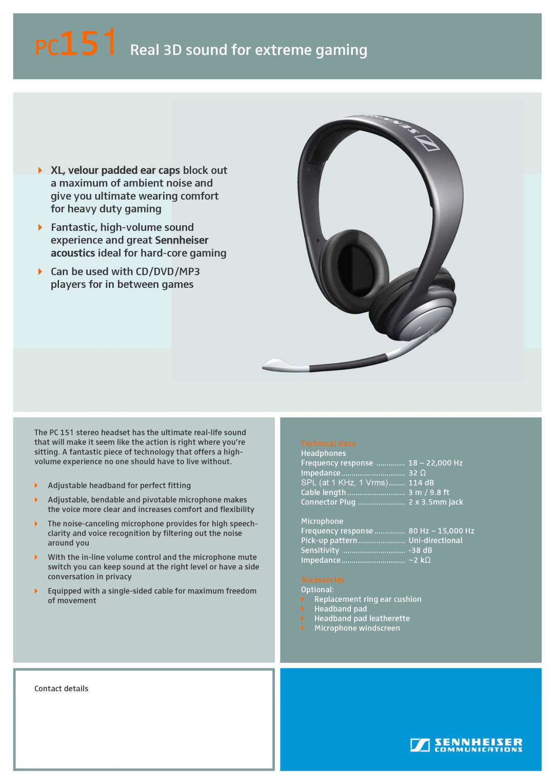 Sennheiser manual PC151 Real 3D sound for extreme gaming, Technical data, Accessories 