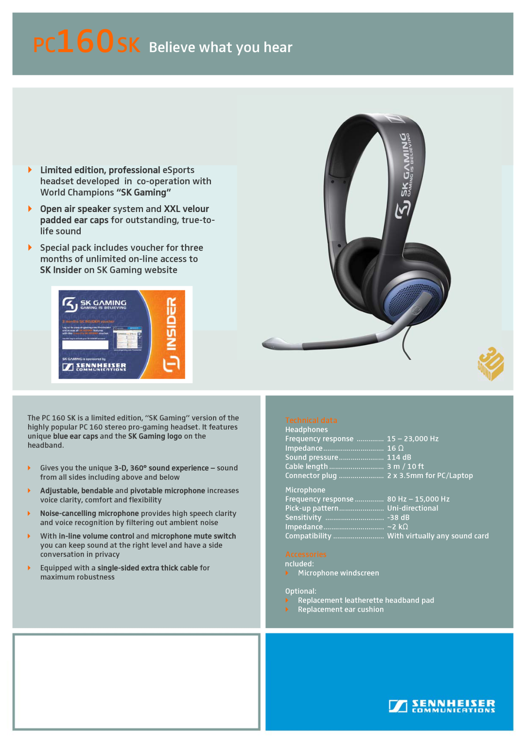Sennheiser manual PC160SK Believe what you hear, Technical data, Accessories 