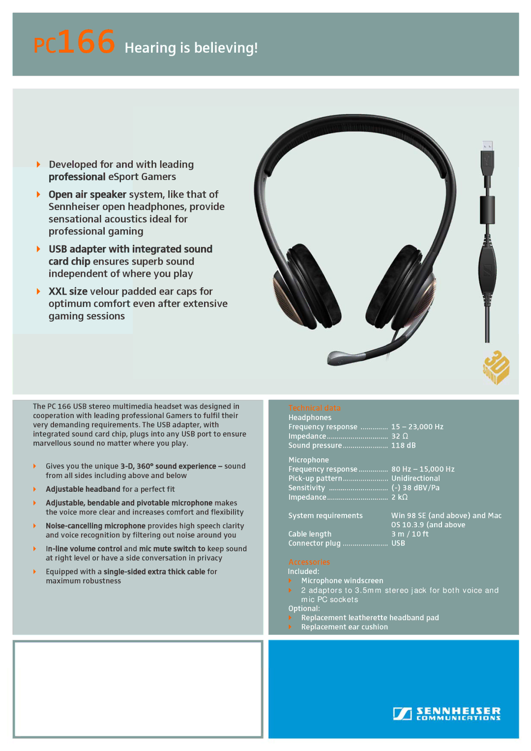 Sennheiser manual PC166 Hearing is believing, Technical data, Accessories 