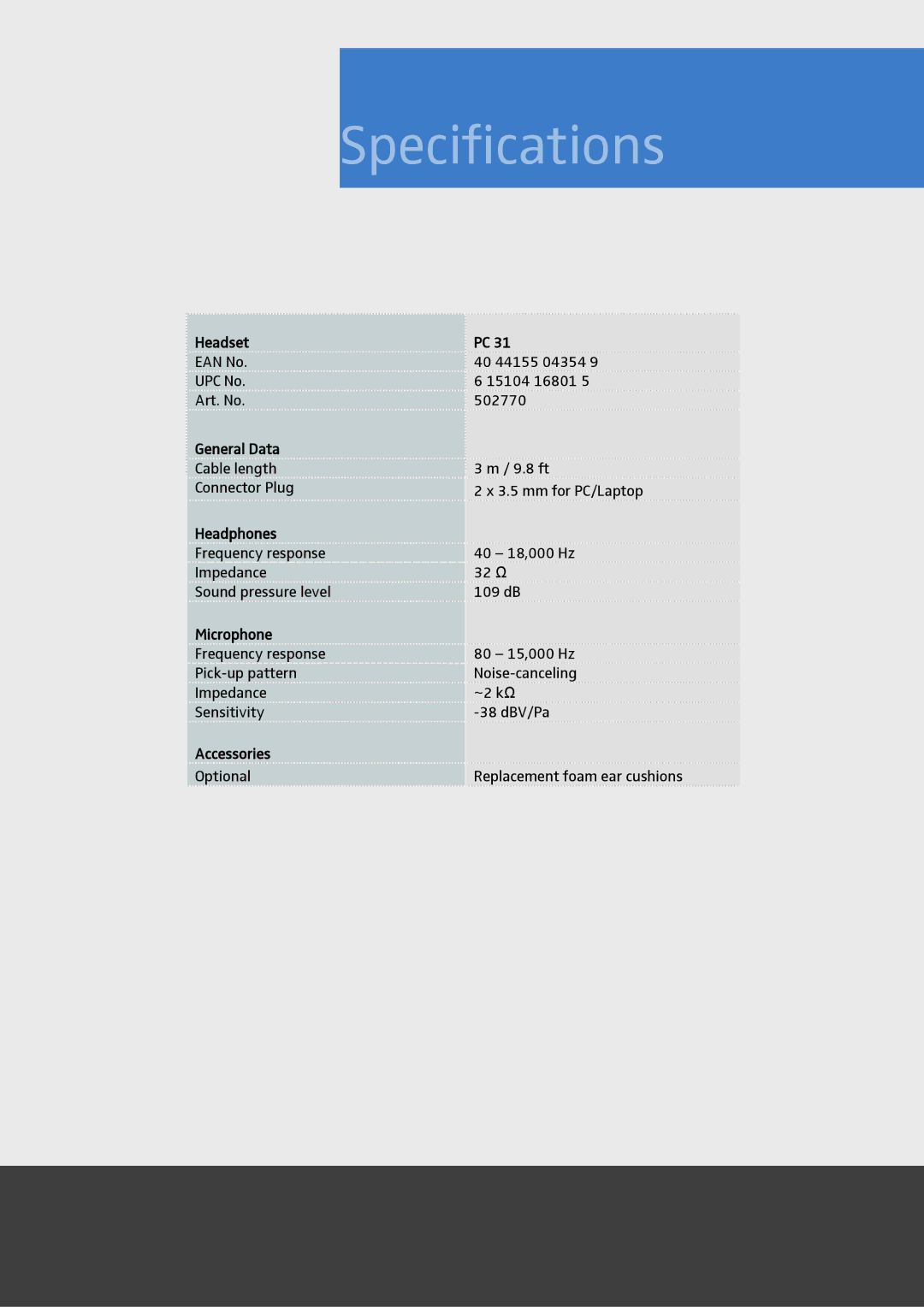 Sennheiser PC31 manual Specifications 