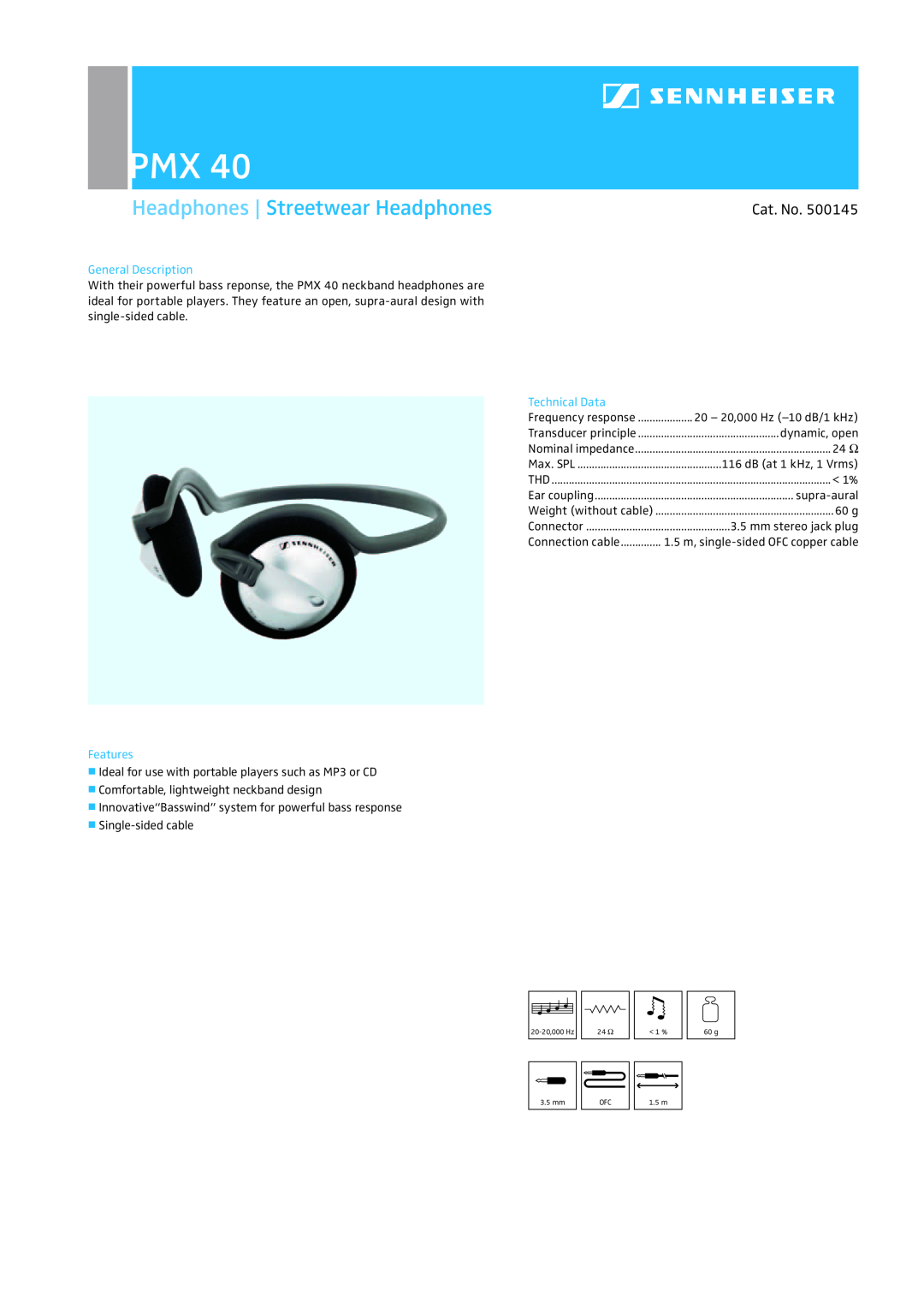 Sennheiser PMX 40 manual Headphones Streetwear Headphones, Cat. No, General Description, Technical Data, Features 